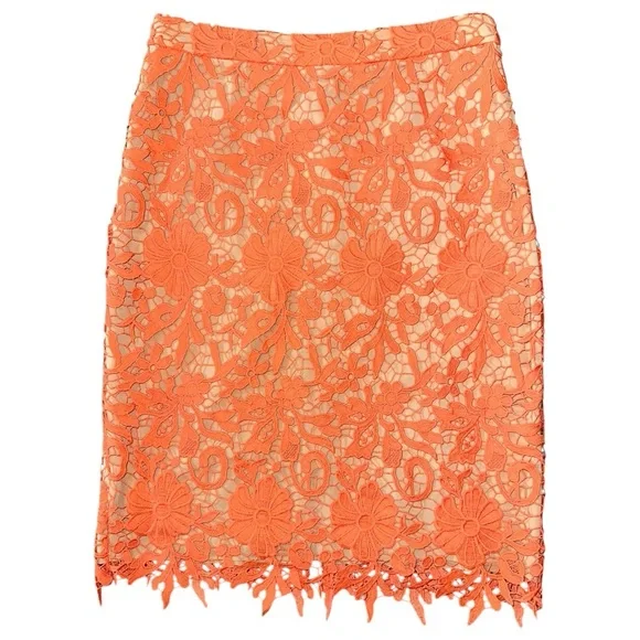 Alice + Olivia Women’s Size 6 Orange Crochet Lace Nude Knee Length Pencil Skirt - Picture 4 of 9